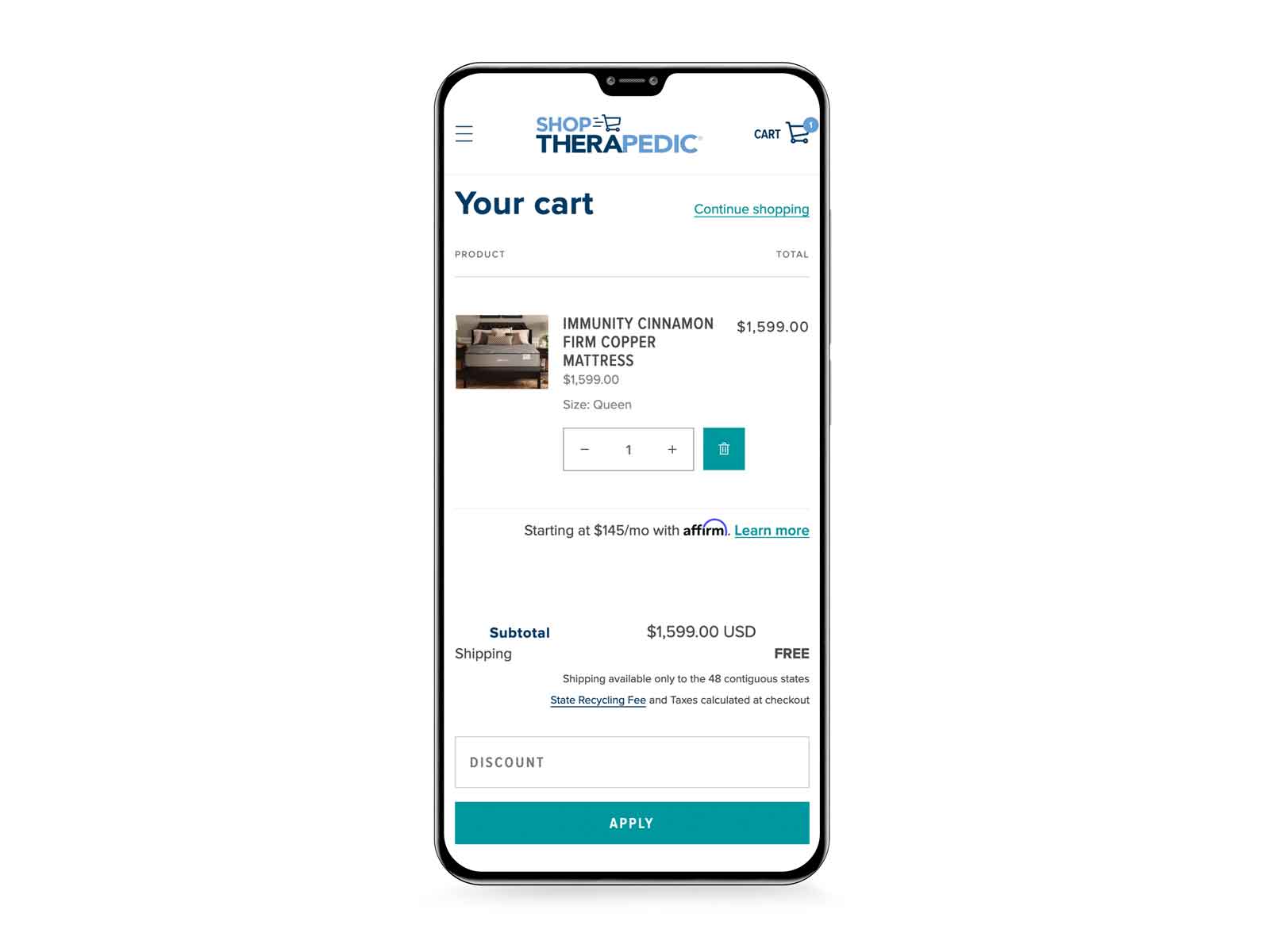 a screen of the shop therapedic cart page as seen on a mobile device