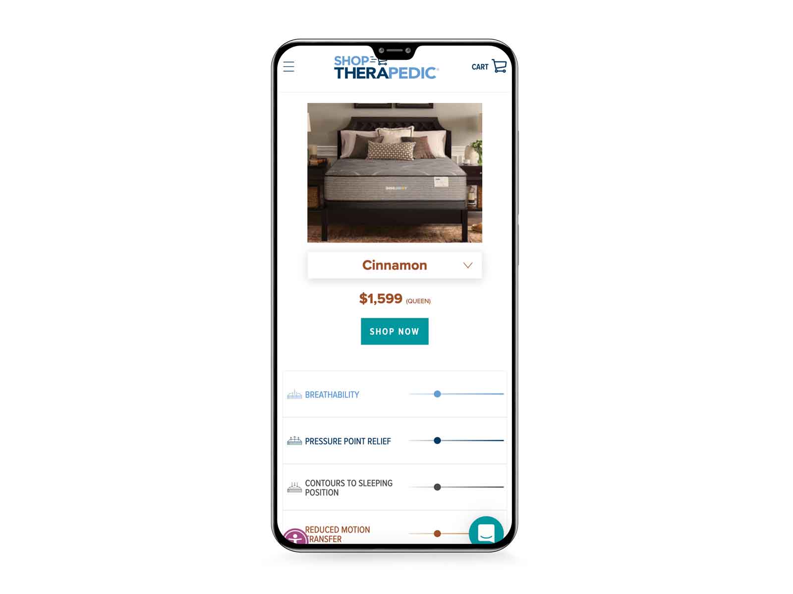 a screen of the shop therapedic comparison chart as seen on a mobile device