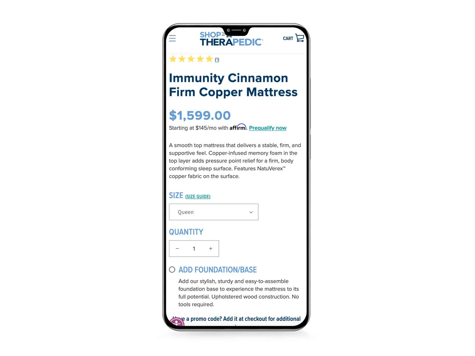 a screen of the shop therapedic product page as seen on a mobile device