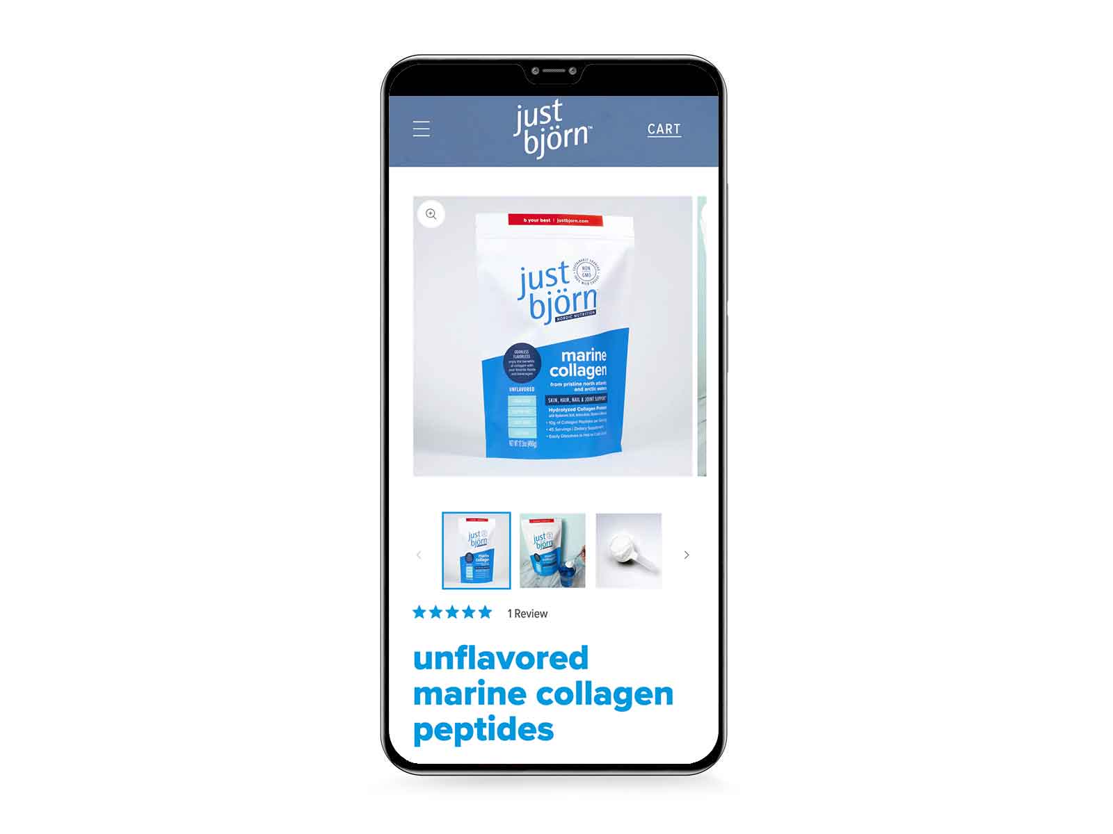 JustBjorn product page on a mobile device